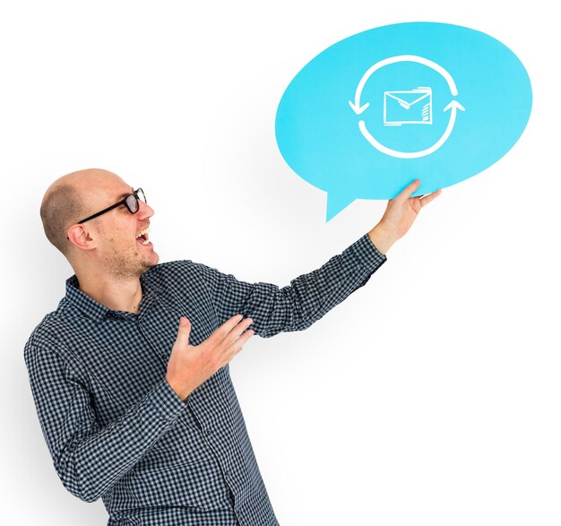 Happy man holding email symbol