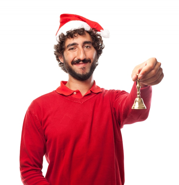 Happy man holding a handbell with his left hand