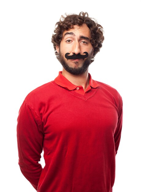 Happy man posing with a fake mustache