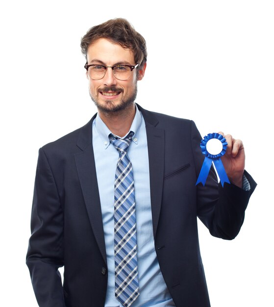 Happy man with a blue medal