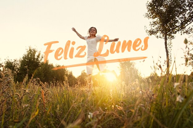 Happy monday concept with woman in nature