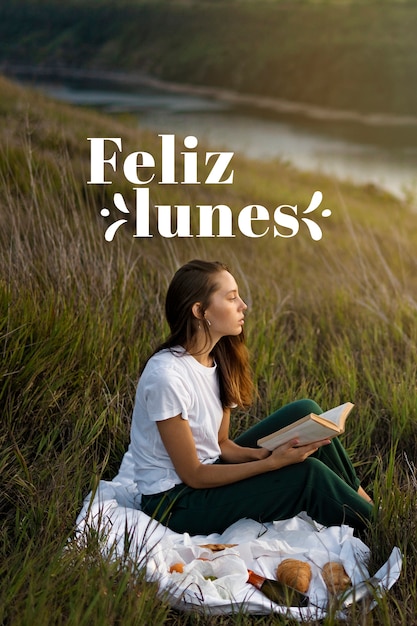 Happy monday with woman reading outdoors