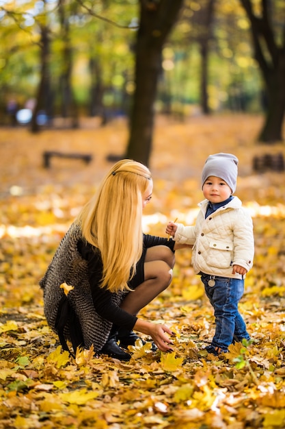 幸せな母と息子が秋の公園で遊んでいます。