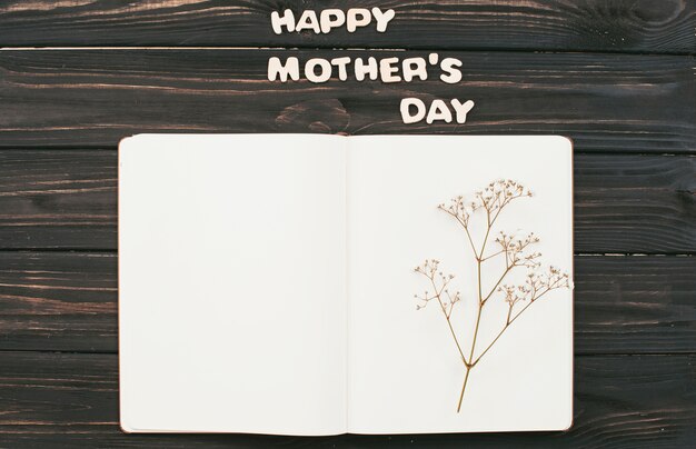 Happy Mothers Day inscription with flower branch on notebook 