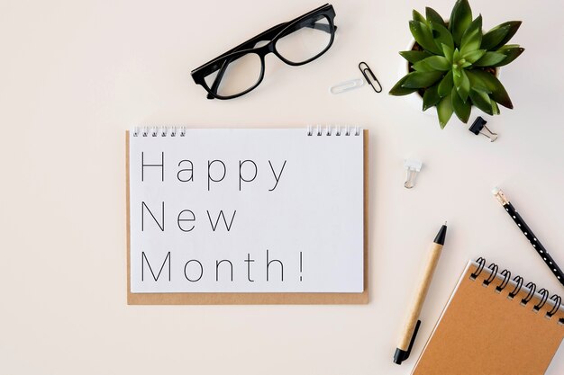 Happy new month wording on notepad