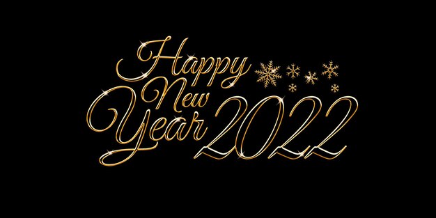 Happy new year 2022 elegant text with golden letters and snowflakes on a black background