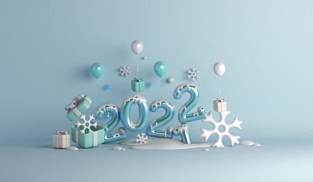 Happy new year 2022 winter decoration background with balloon gift box snowflakes