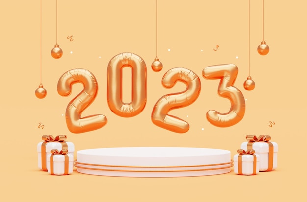Free photo happy new year 2023 podium golden numbers greeting celebration banner isolated background for product placement 3d rendering