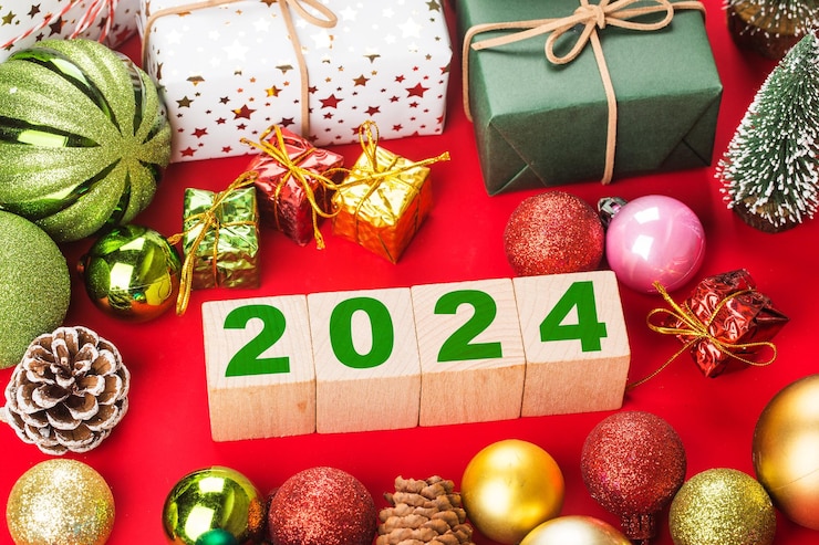 Бесплатный Фотография счастливого нового года 2024 рождества рождество 2024 рождественские подарки размещены в праздничной атмосфере