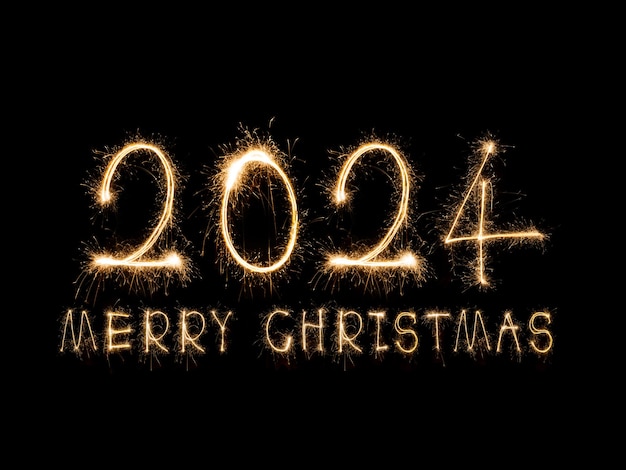 Happy New Year 2024 Sparkling burning text Happy New Year 2024 isolated on black background