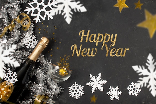happy new year banner with bottle