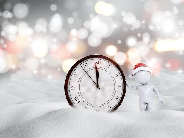 Foto gratuita 3d rendering di un felice anno nuovo scena di neve con la figura e l'orologio