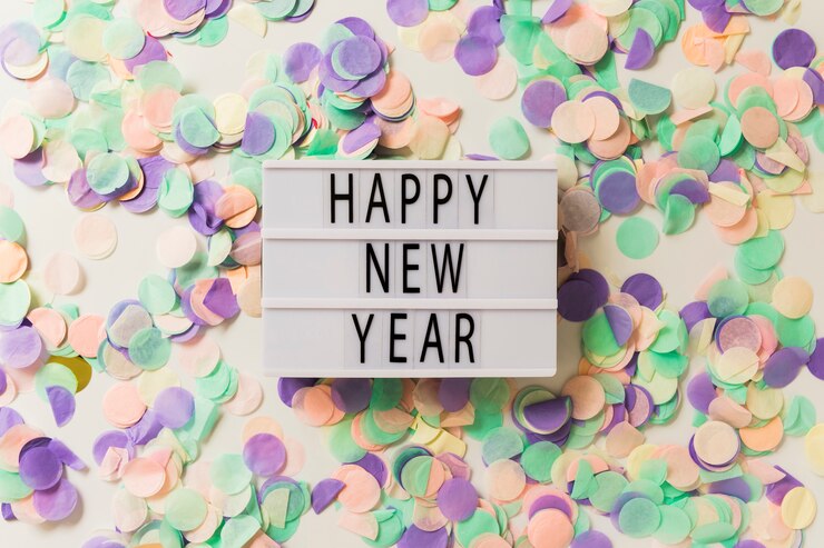 Free Photo happy new year inscription on white board with confetti 
