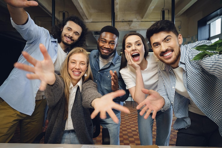 Free Photo happy overjoyed business team celebrate corporate victory