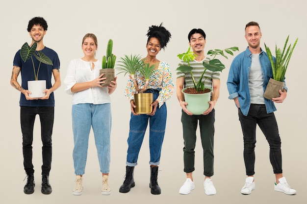 Happy plant lovers holding their potted plants