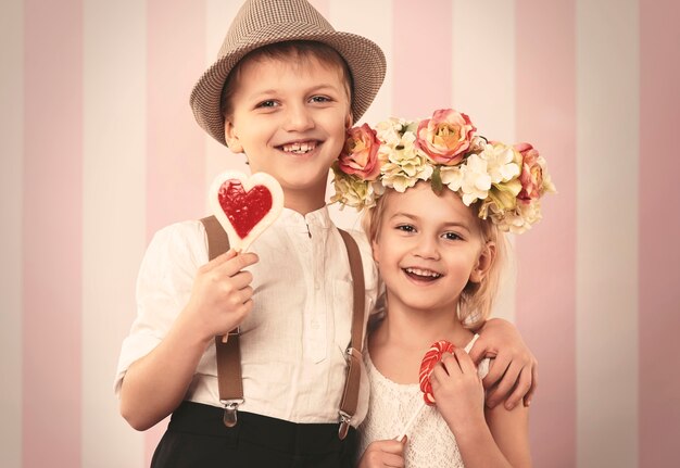 Happy retro children in Valentine's day