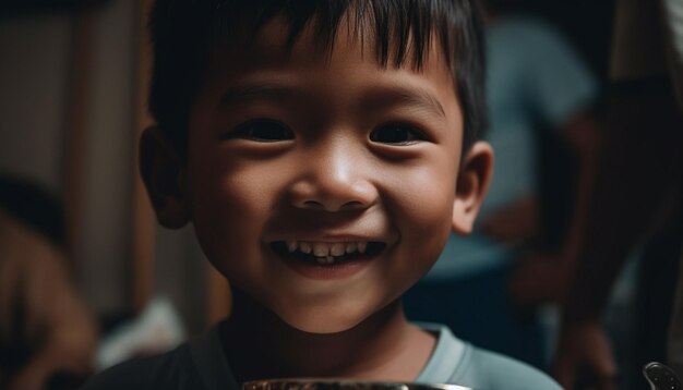 Happy schoolboy with toothy smile enjoys playful learning indoors generated by AI