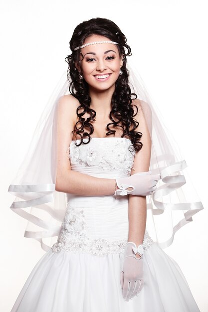 Happy Sexy Beautiful Bride Brunette Woman In White Wedding Dress