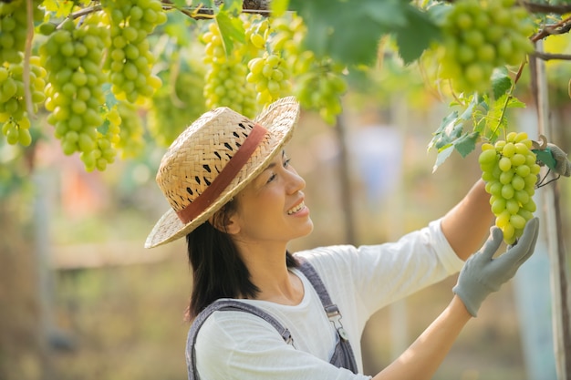 Happy smiling cheerful vineyard female wearing overalls and a farm dress straw hat