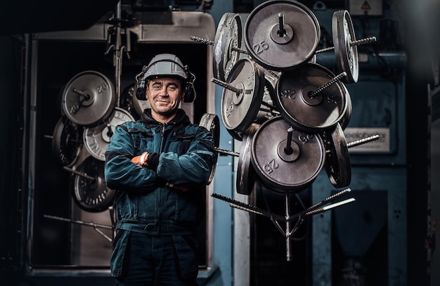 Free photo happy smiling man is posing next to his job result at the metal factory.