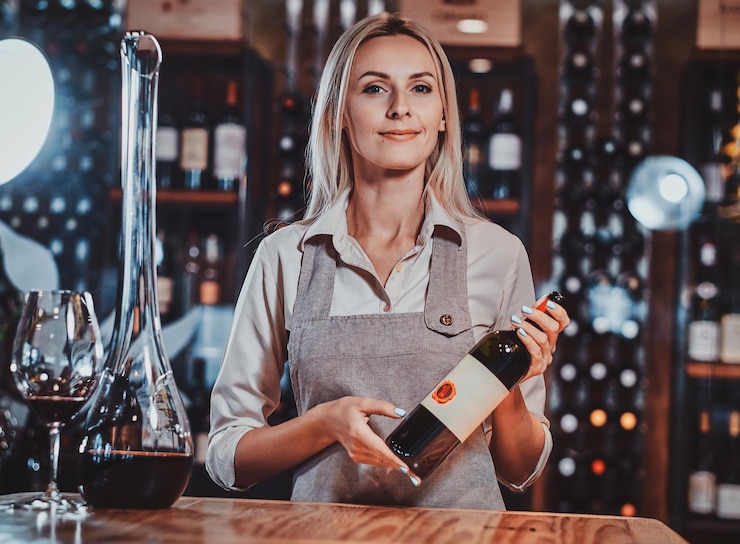 Free Photo happy smiling woman is prepairing wine for sommelier to expertise it at wine boutique.
