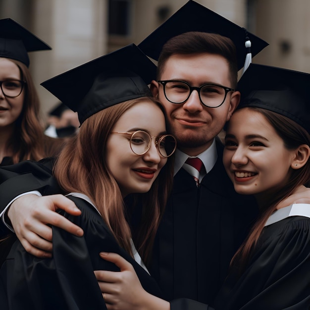 Free photo happy students in academic gowns hugging each other and looking at camera