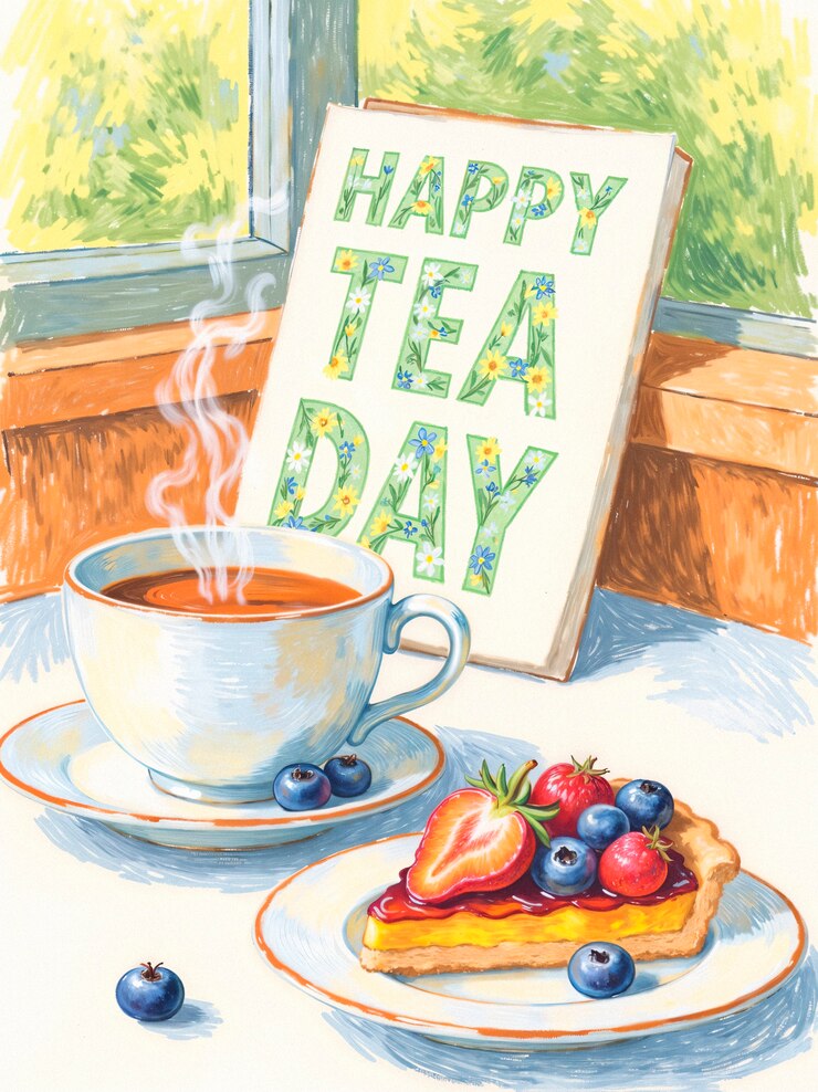 Free Photo happy tea day with fruit tart and berries