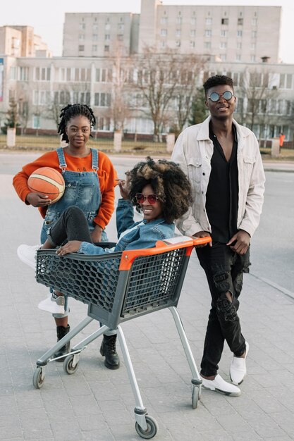 Happy teenagers posing together outdoors