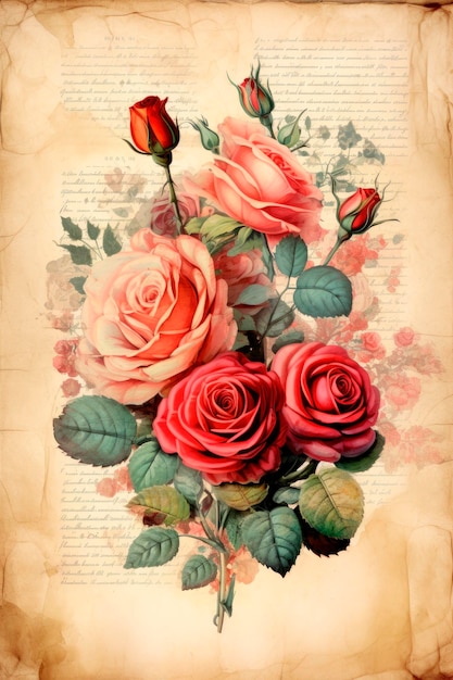 Концепция счастливого Дня святого Валентина на старинном листе бумаги с розами