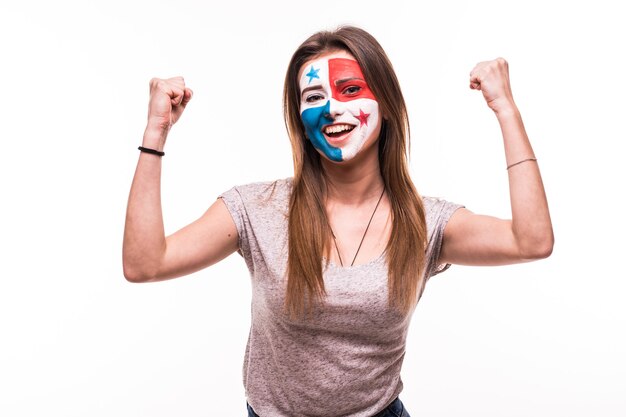 Happy victory scream woman fan support Panama national team with painted face isolated on white background