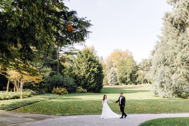 Happy wedding couple in Como Lake, Italy