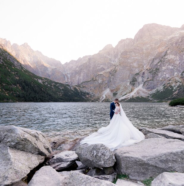 幸せな結婚式のカップルは巨大な岩の山々に囲まれた湖の前に立っています。