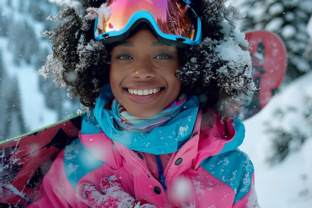 Free photo happy woman enjoying snowboarding