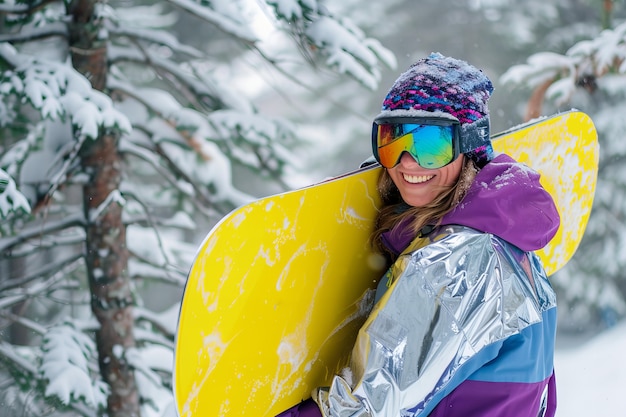 Free photo happy woman enjoying snowboarding