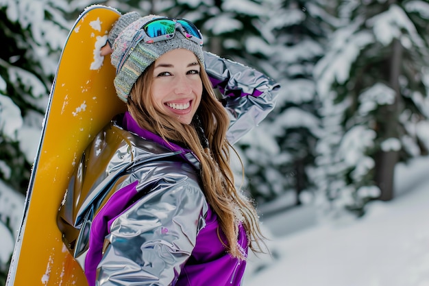 Free photo happy woman enjoying snowboarding