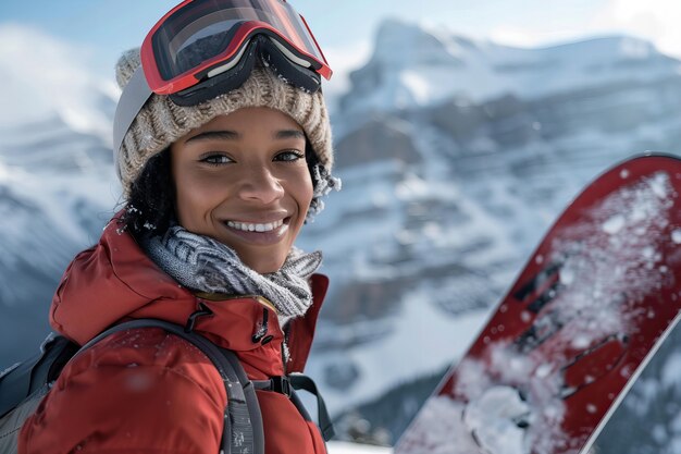 happy woman enjoying snowboarding
