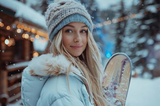 happy woman enjoying snowboarding