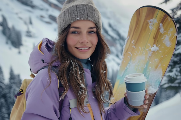 Free photo happy woman enjoying snowboarding