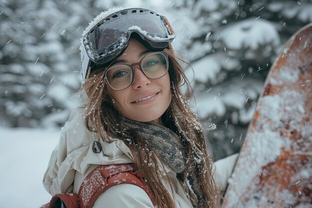 Foto gratuita una donna felice che si diverte a fare snowboard