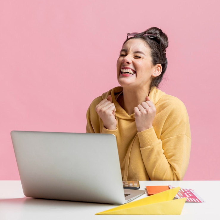 Free Photo happy woman finding plane tickets