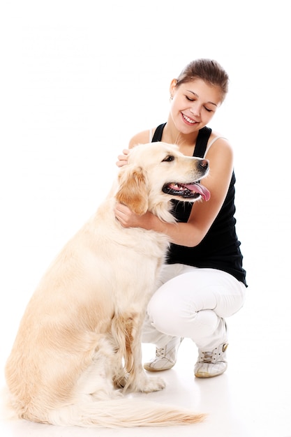 Free photo happy woman and her beautiful dog