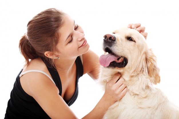 Happy woman and her beautiful dog