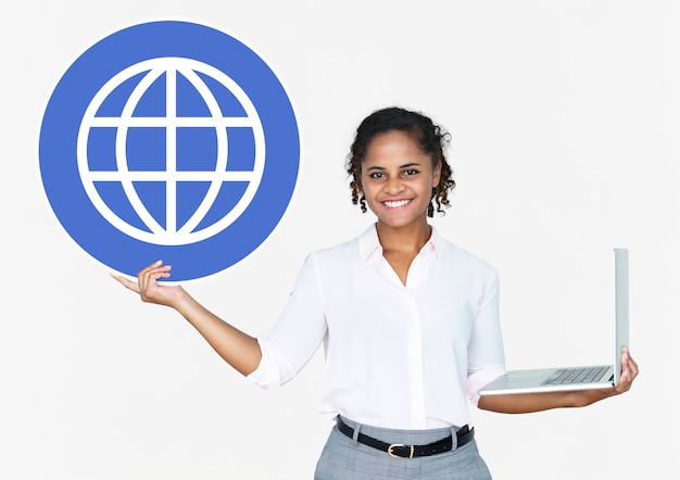 Happy Woman Holding A Laptop And Www Icon