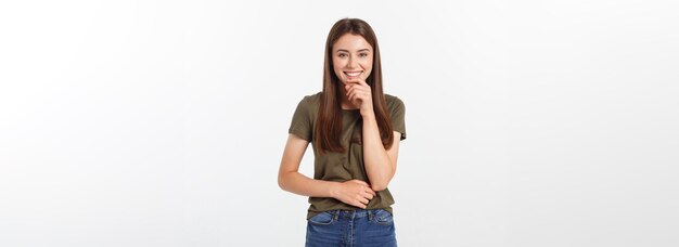 행복 한 여자 웃는 근접 촬영 초상화 여자 완벽 한 미소 격리 된 회색 배경 위치와 함께 웃 고