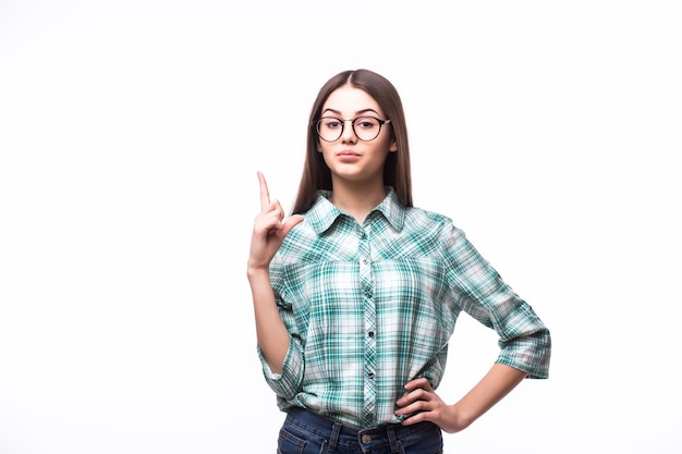 Free photo happy woman pointing an idea - over white