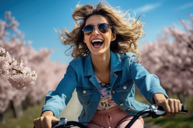 自転車に乗って幸せな女性