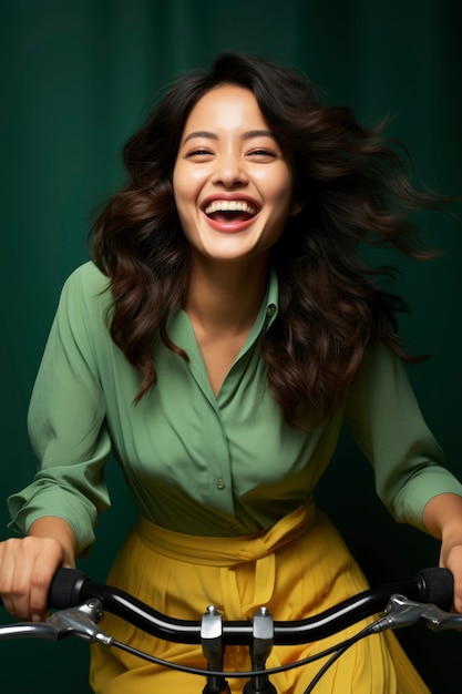 Free photo happy woman riding her bike