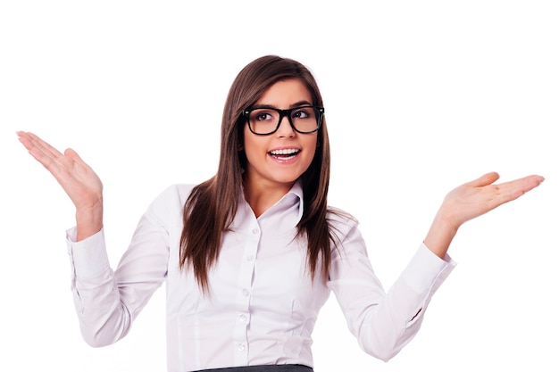 Happy woman with hands raised