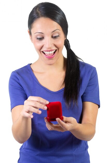 "Happy woman with jewellery box"