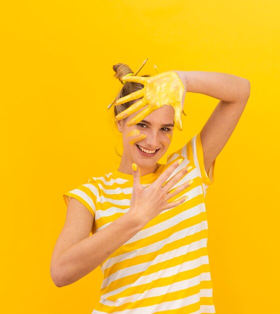 Happy woman with painted palms